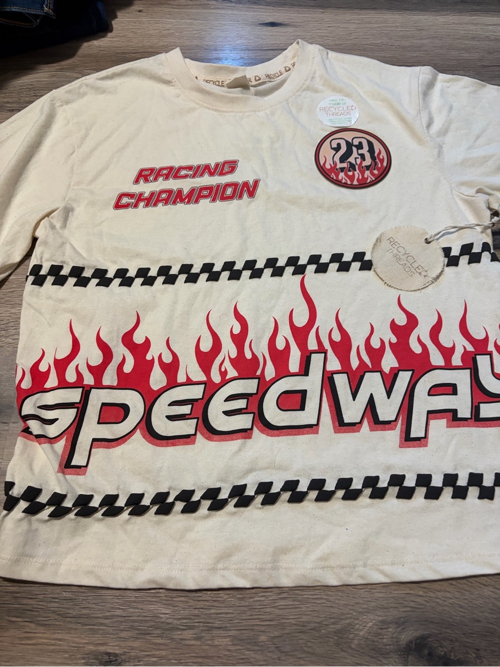 NWT Racing Champion Speedway Short Sleeve Tee - Ivory with Red Flames- Med